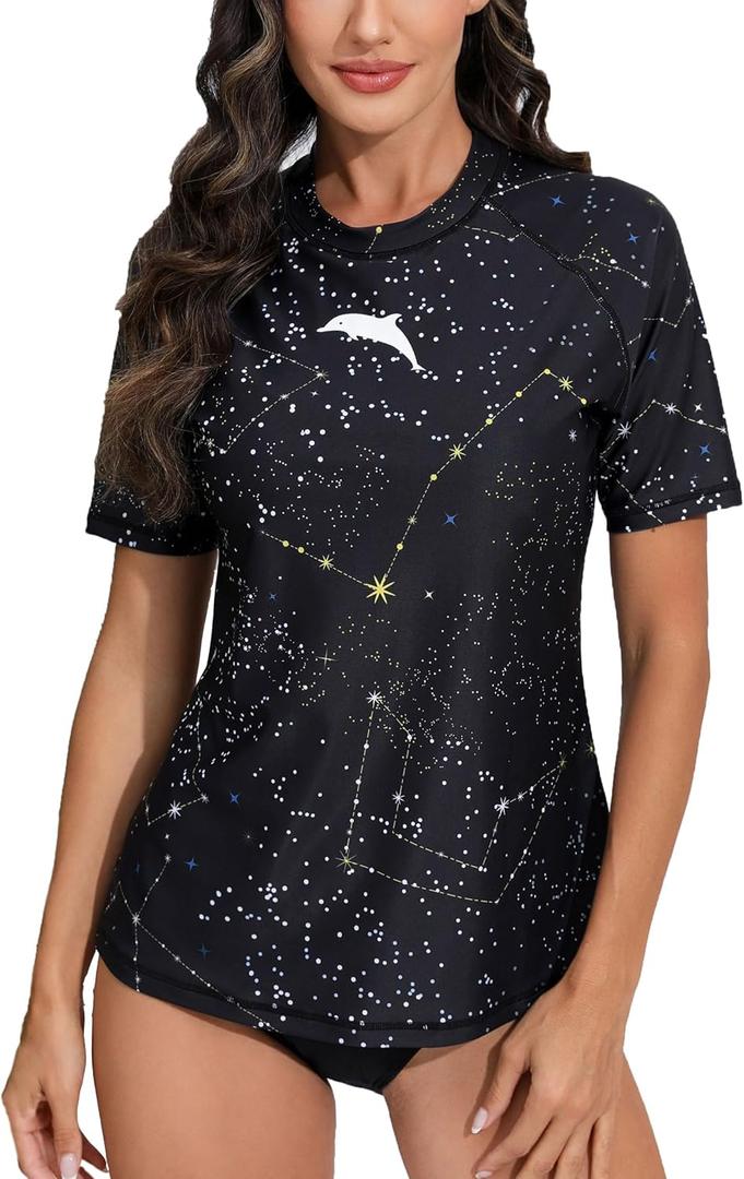 Halcurt Women's Short Sleeve Rash Guard Swimsuit Top with Built in Bra Swim Shirt UPF50+ Quick Dry Bathing Suit Black Galaxy Stars XL