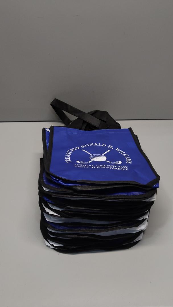 Small Blue tote bags, white logo, 12 pcs