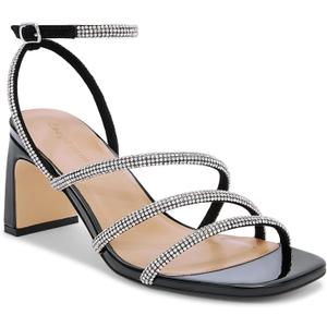 Womens Rhinestone Heels, Square Toe Ankle Strap Block Heel Dress Shoes for Wedding & Party (10 Wide, Black)