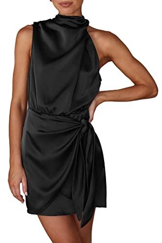 PRETTYGARDEN Women's Short Formal Satin Dress Summer Sleeveless Mock Neck Tie Waist Cocktail Party Dresses (Black,L)