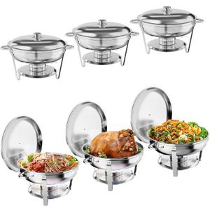 5QT Chafing Dish Buffet Set of 6 Pack, Food Warmers and Servers Round Stainless Steel Chafer with Food & Water Pan, Lid, Frame, Fuel Holder for Catering,Parties and Festivals