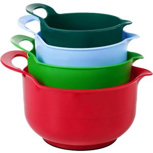 BoxedHome 4 Pack Nesting Mixing Bowl Christmas Set with Pour Spout and Handle, BPA free Microwave & Dishwasher Safe(Christmas colours, 4 Pack with Handle, Random colour silicone scraper included) (reddish green)