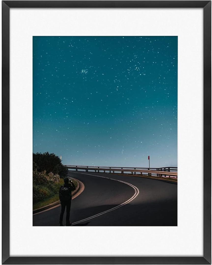 Frametory, 11x14 Aluminum Picture Frame - 11 x 14 Black Frame with Removable Mat for 8.5 x 11 Photo - 14 by 11 Durable Metal Frame with Real Glass - Sawtooth Hanger for Easy Wall Display - 1 Pack