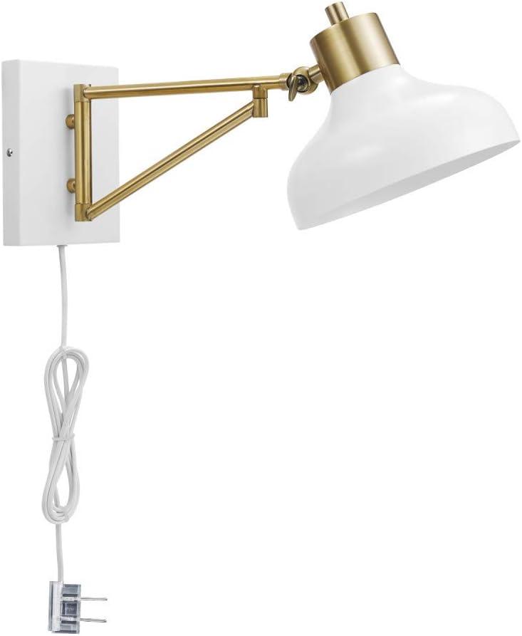 GLOBE Electric 51344 1-Light Plug-in or Hardwire Swing Arm Wall Sconce, White, Brass Accents, White-Cloth Cord, Mounted Bedside Lamp, Kitchen Sconces Wall-Lighting, Bulb Not Included