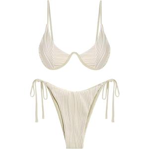 ZAFUL Womens Bikini Sets Underwire Sexy Two Piece Swimsuits Ribbed Bathing Suit High Cut Thong Back Clasp Swimwear BEIGE Medium Size