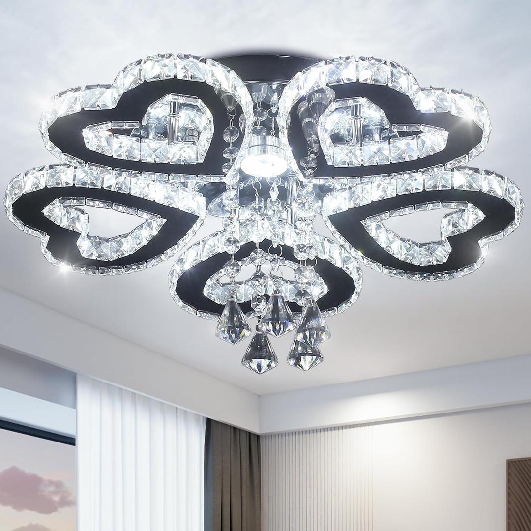 Modern Chandelier 5 Heart Ring Crystal Chandelier Crystal Ceiling Light Stainless Steel Pendant Light Chandeliers for Bedroom Living Room Dinning Room Foyer (Cool White 6500K)