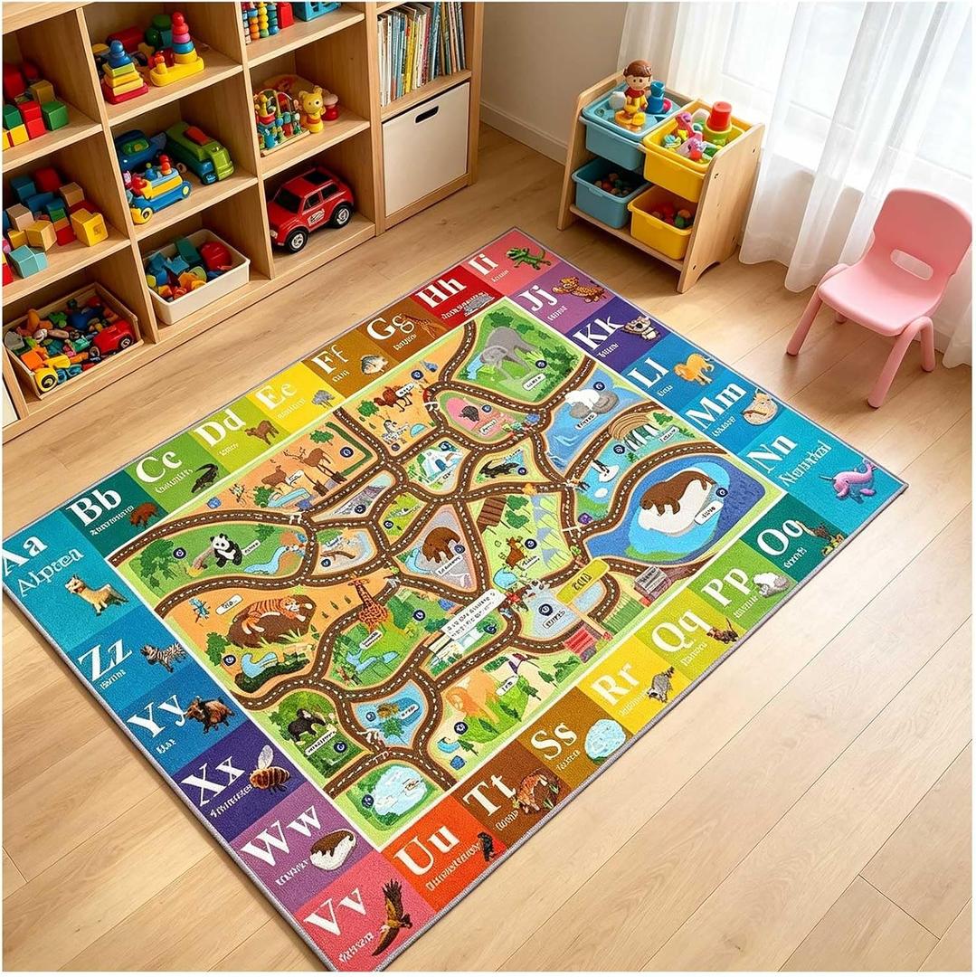5'3 "x 7'10" ABC Alphabet Mat, Zoo map Carpet, Kids Playroom Rug | English Letter, Non-Slip Washable Rug with Animal, for Kids Room, Home Learning Areas, Toddler Preschool Nursery Classroom