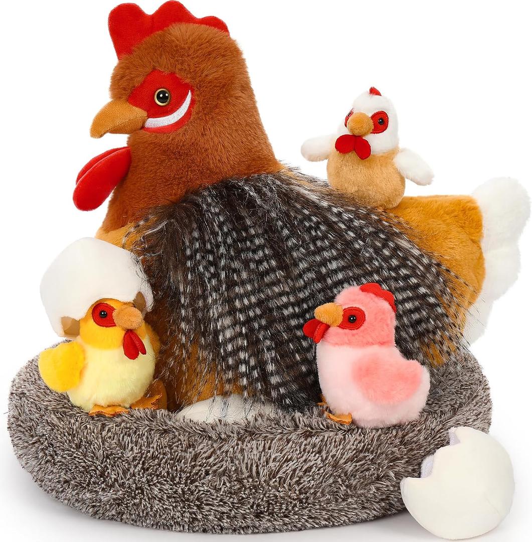 8Pcs Chicken Stuffed Animal, Stuffed Hen with Little Baby Chicks and Coop, Easter Plush Gifts Toys for Kids, Hit of Christmas Farm Party