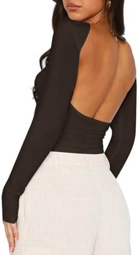ForeFair Women Sexy Backless Short Sleeve Slim Fit Crewneck Summer Casual Y2K Crop Tee L