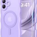3 in 1 Magnetic for iPhone 17 Case, Cute Wavy [Full Camera Protection] [Fit for MagSafe] 1X Screen Protector+1X Wrist Strap, AntiSlip Trendy Women Girly Phone Case for iPhone 17 6.3", Light Purple