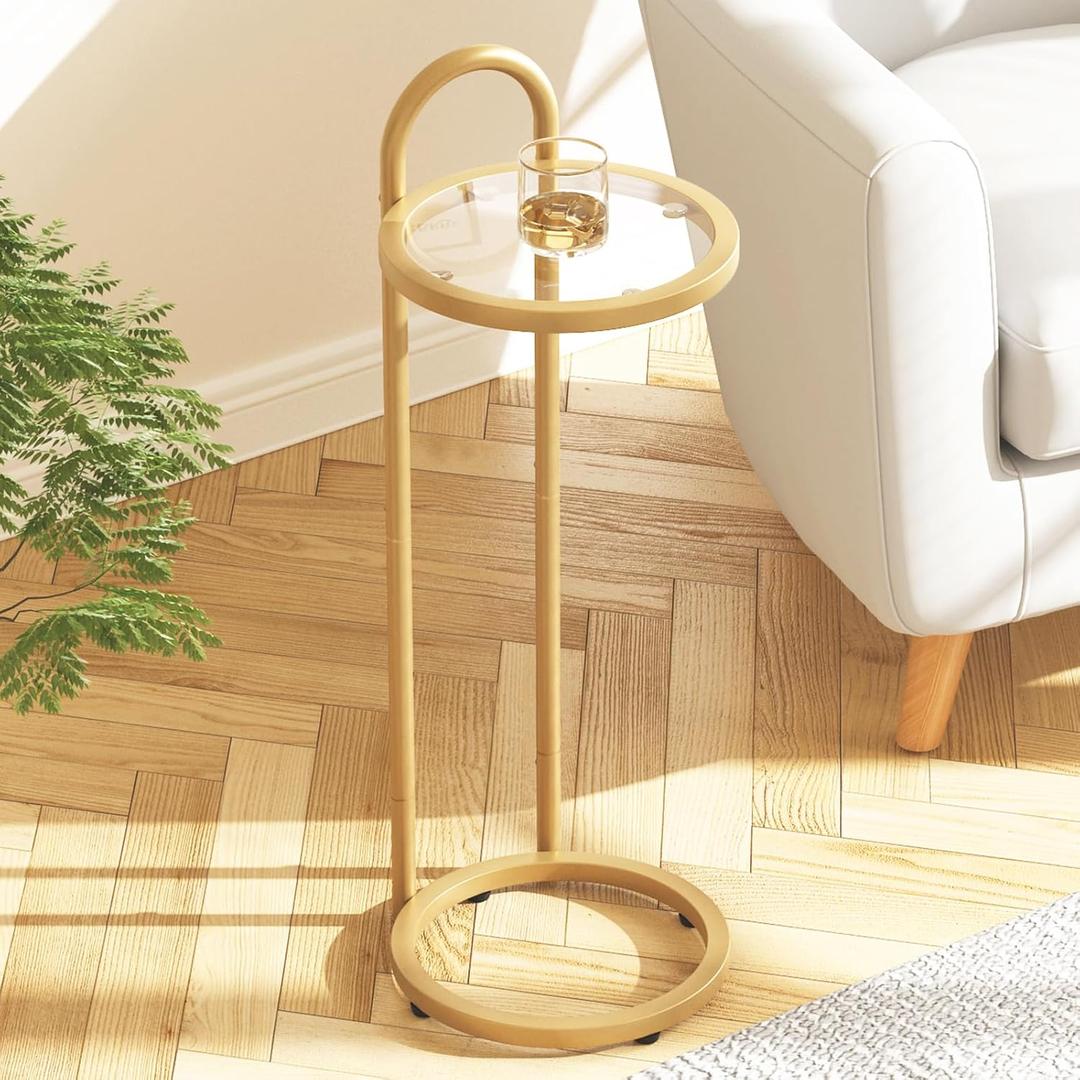 C Shaped Side End Table, Round Glass Side Table Nightstand for Small Spaces, Small Round Drink Snack Accent Martini Table for Living Room Bedroom (Gold)