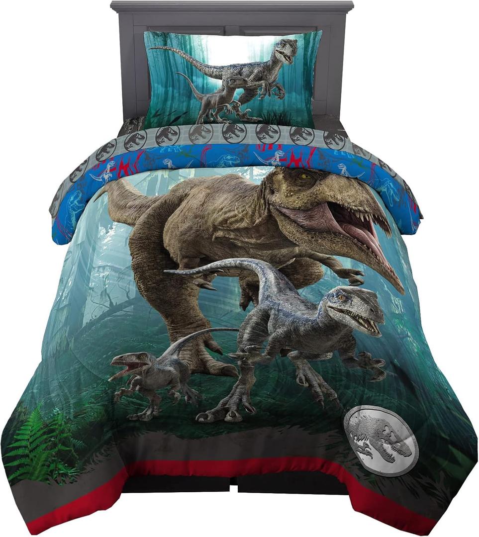 Jurassic World Dominion Blue Velociraptor and Rexy T-Rex Super Soft Microfiber Reversible Comforter, Twin Size, Bedding by Franco Kids