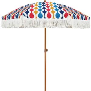 AMMSUN 7ft Patio Umbrella with Fringe Outdoor Tassel Umbrella UPF50+ Premium Steel Pole and Ribs Push Button Tilt, Wave Colorful