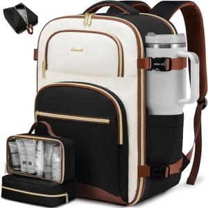 LOVEVOOK Travel Essentials Carry on Backpack 50L Travels Backpack for Women,Waterproof TSA Personal Item Travels Bag Airline Flight Approved,Large Carry on Luggage Laptop Backpack with Packing Cubes (1-black - Beige White - Chestnut Brown)