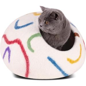 MEOWFIA Cat Cave  Premium Felt Cat Bed for Indoor Cats, Handmade 100% Merino Wool (Medium, Ivory Rainbow)