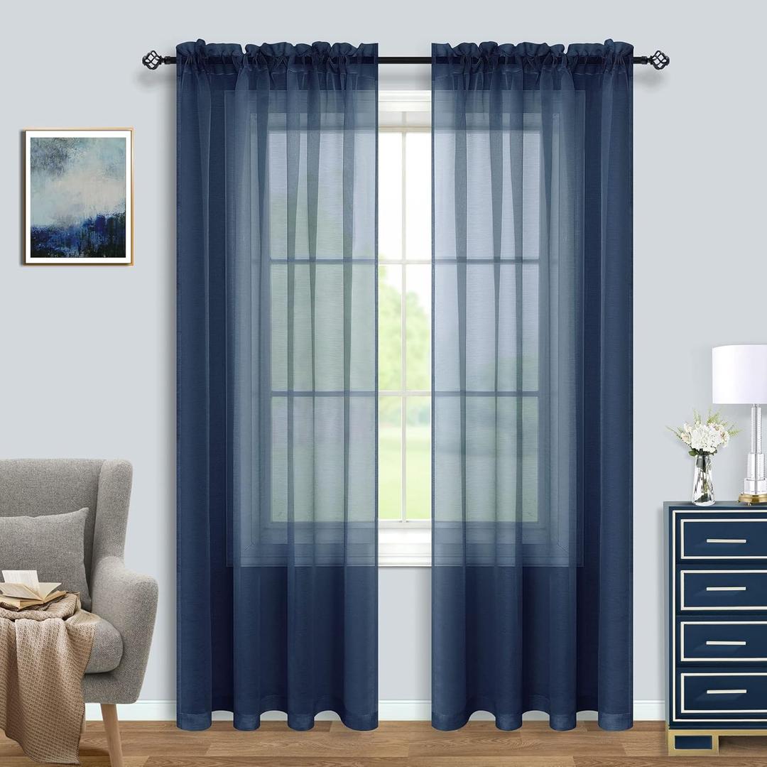 Pitalk Navy Blue Curtains 84 Inch Length for Living Room 2 Panels Set Rod Pocket Window Coastal Beach Dark Blue Sheer Curtains for Bedroom 52x84 Inches Long