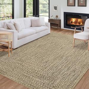 Machine Washable Rug 4x6 Print Braided Area Rugs Stain Resistant Non-Slip Floor Cover Farmhouse Solid Printed Textured Carpet for Bedroom Living Room Decor, Linen
