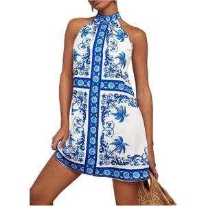 Floerns Women's Sleeveless Floral Print Sundress Halter Neck A Line Short Dress Blue and White Medium