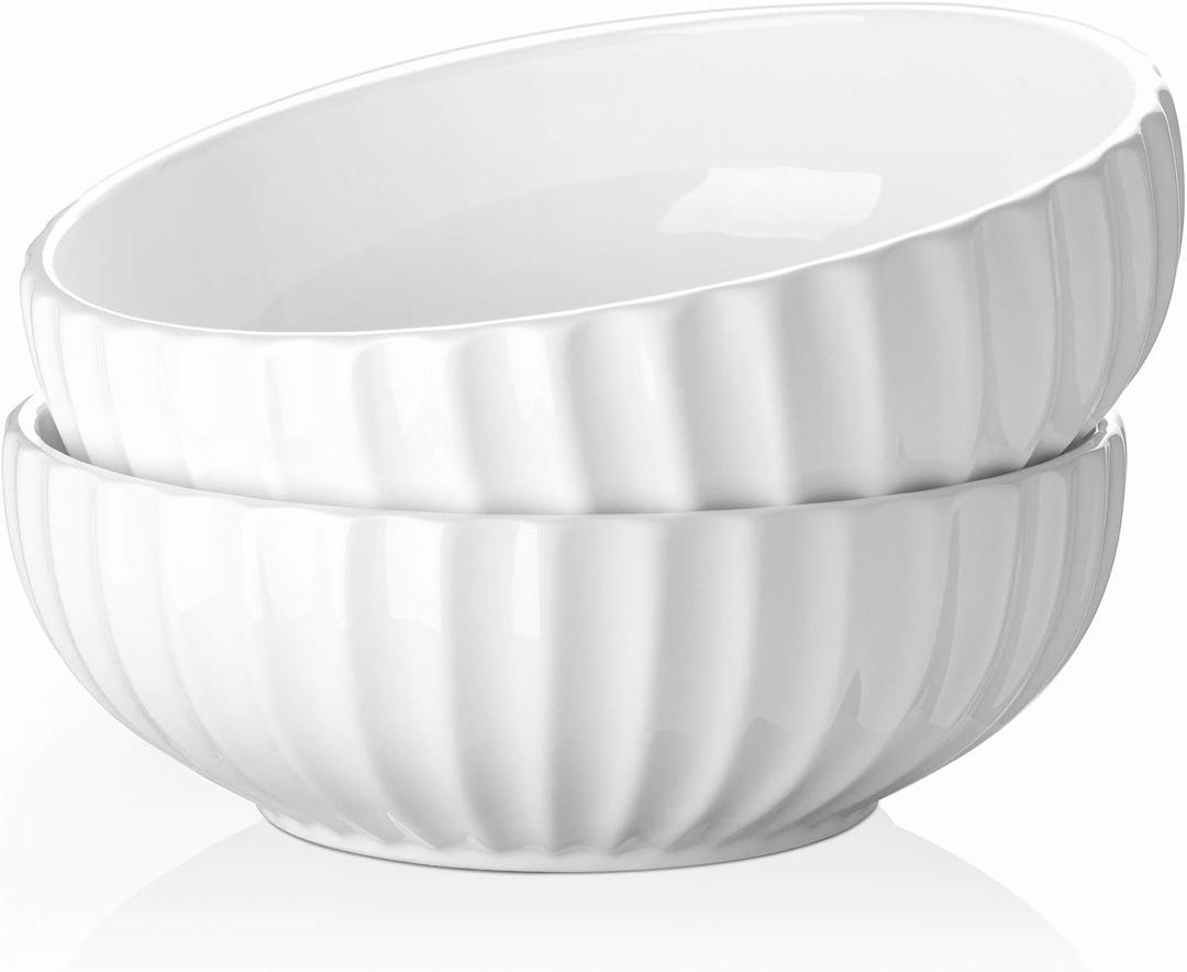 DOWAN 9.8'' Serving Bowls, 86 oz Large Salad Bowl, Ceramic Serving Dishes, Set of 2, Pumpkin Shape for Christmas, Entertaining, Party, Kitchen, Dinner, Banquet, Housewarming Gift, White