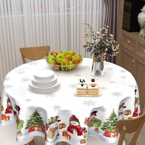 ABSOP Winter Snowman Round Tablecloth White Tablecloth 60 Inch Christmas Snowflake Pattern Circle Table Cloth Xmas Holiday Table Cover Indoor Decor for Home Kitchen Dinning Party