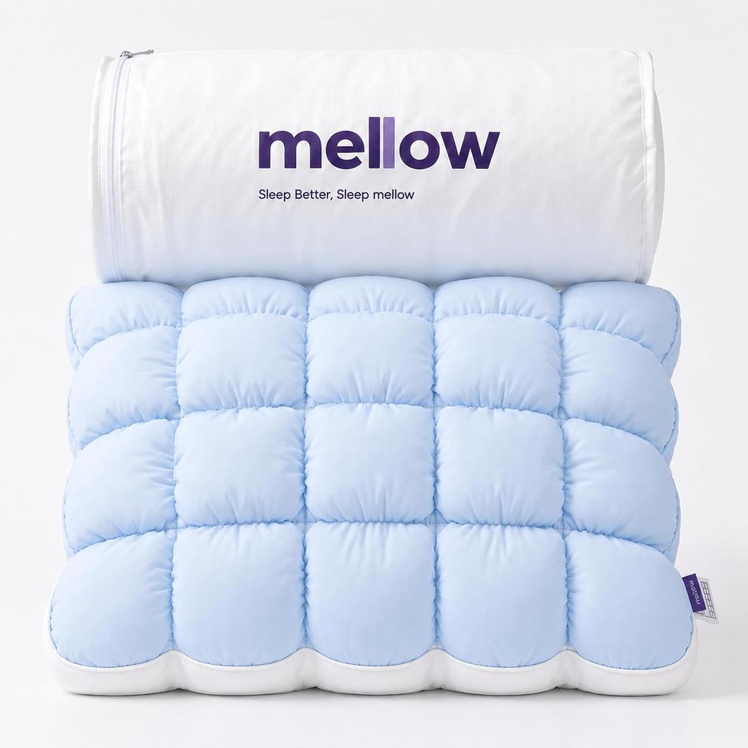 Mellow Puff Pillow Cooling Ice Silk Bed Pillow, Back & Stomach Sleepers | Fluffy Goose Down Alternative Fill, Hypoallergenic & Machine Washable Pillow for Side, Baby Blue, Lightweight Summer Quilt