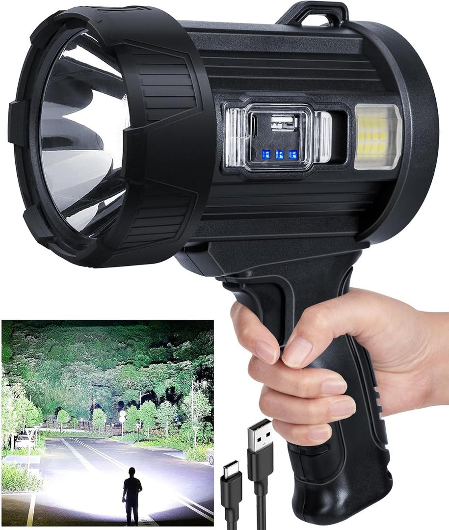 Sigoobal Rechargeable Spotlight,2000000 LM Super Bright Handheld Spot Light LED Flashlight High Lumens,Powered Spotlight Large Searchlight Outdoor with Solar Panels for Boating Camping Hunting