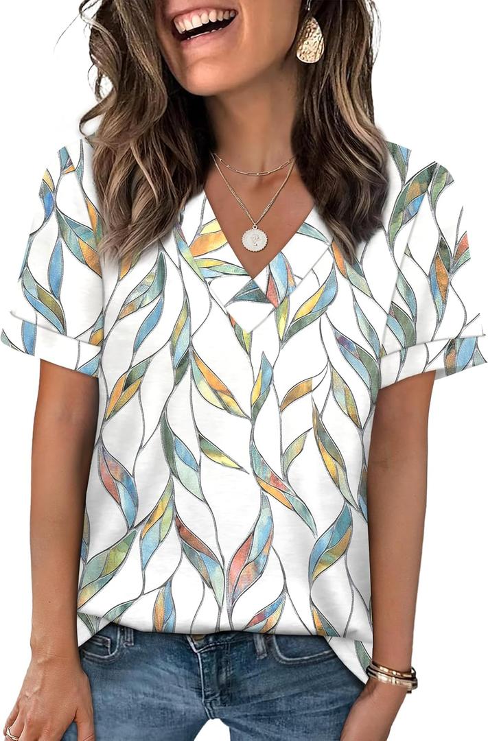 WIHOLL Womens Summer Tops Short Sleeve Basic Casual V Neck T Shirts Trendy Fashion 2026 (Large, Z- Multi Leaf)