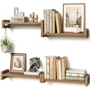 Vailando Floating Shelves for Wall, Set of 4 Solid Wood Wall Mounted Shelves, 16.15" Rustic Walnut Display Shelf for Bedroom, Living Room, Bathroom, Kitchen  Strong Load Capacity & Natural Pine