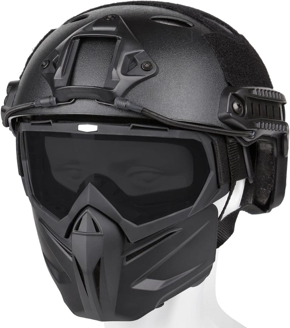Airsoft Helmet and Mask, Full Face Mask with Detachable Goggles, Paintball Black Helmet with NVG Mount and Side Rail, Military Tactical Gear (PJ-DH-Gray)