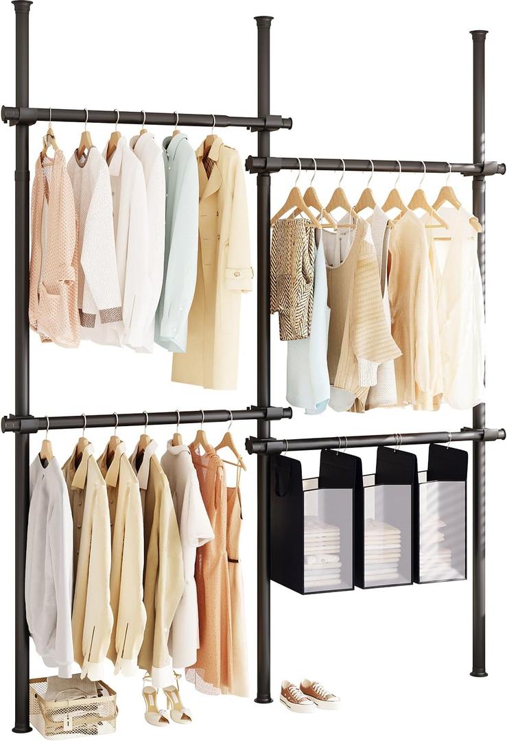 Floor-to-Ceiling Clothes Rack with 3 Laundry Hampers, Heavy-Duty Adjustable Closet Organizer, Modular Wardrobe Storage System, Black, Size: 4-Pole Max