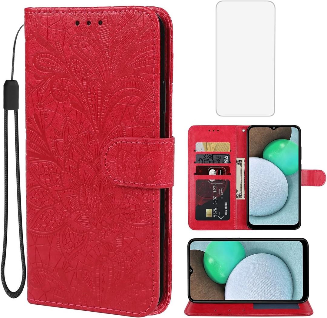 Case for Galaxy A03S Case, Samsung A03S SM-A037U Wallet Case with Tempered Glass Screen Protector, Lace Flower PU Leather Flip Credit Card Holder Phone Cover for Samsung Galaxy A03S Red