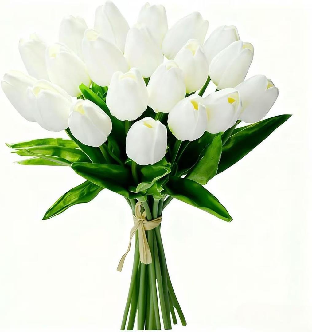 20Pcs Fake Tulips Artificial Flowers Real Touch 13.5" PU Faux Flowers Tulip Stems for Wedding Spring Bouquet Floral Arrangement Home Party Office Decorations for Mother's Day (White)