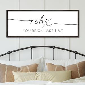 YWMZYKJGS Relax You're On Lake Time Wall Decor Art 32"12" Lake House Sign Above Bed Bedroom Large Rustic Living Room Wood Framed Vintage Horizontal Wall Hanging (Black)