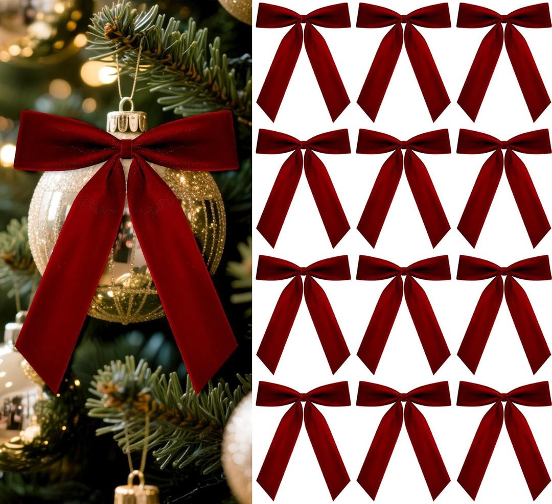 12 Pcs Burgundy Velvet Ribbon Bows 7 x 10 Inch Premade Christmas Velvet Bows with Twist Tie for Gift Wrapping Indoor Outdoor Christmas Tree Wreaths Door Windows Party Decoration