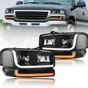 LED DRL Headlights Assembly Compatible with 1999-2007 GMC Sierra/2000-2006 Yukon XL 1500 2500 No Denali Models Replacements Clear Reflector Black Housing