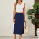 Naggoo Midi Skirts for Women Summer Elastic High Waisted Basic Straight Skirt with Slit (Blue, L)