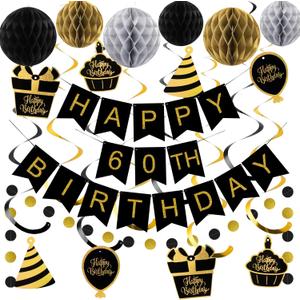 60th Birthday Decorations, Happy Birthday Banner with Honeycomb Balls, Gifts Hanging Swirl Streamers, Circle Dots Garland - Happy Birthday Party Decorations for Women Men (Black and Gold, 60th)