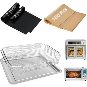 Air Fryer Accessories for Emeril Lagasse 26 Qt Extra Large & Everyday 360, Emeril Lagasse Air Fryer Basket and Pans for Oven with 100Pcs Disposable Parchment Paper, 4Pcs Reusable Teflon Mat