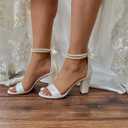 Hyinlays Women's Open Toe Block Heel Pearl Wedding Shoes for Bride Chunky Heeled Sandals Bridal Shoes Pumps