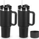 2 Pack 40 oz Tumbler with Handle and Straw Lid, Stainless Steel Double Wall Vacuum Insulated Travel Mug, Insulated Coffee Mug, with Silicone Spill Proof Stopper Set (Black)