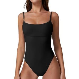 QINSEN Womens Seamed Cup Spaghetti Straps One Piece Bathing Suits Tummy Control Cheeky Swimsuit Size M
