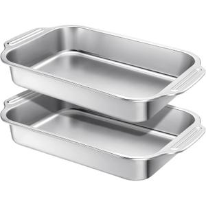 Funnymoom 2 Pcs Stainless Steel Cake Pan Rectangle Sheet Baking Pan Bakeware for Fish Cakes Breads Casseroles Fish Vegetables Dishwasher Safe(Handle,12" X 8" X 2.17")