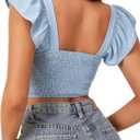LYANER Women's Summer Sweetheart Blouse Smocked Backless Ruffle Sleeve Tank Crop Tops (Blue, XL)