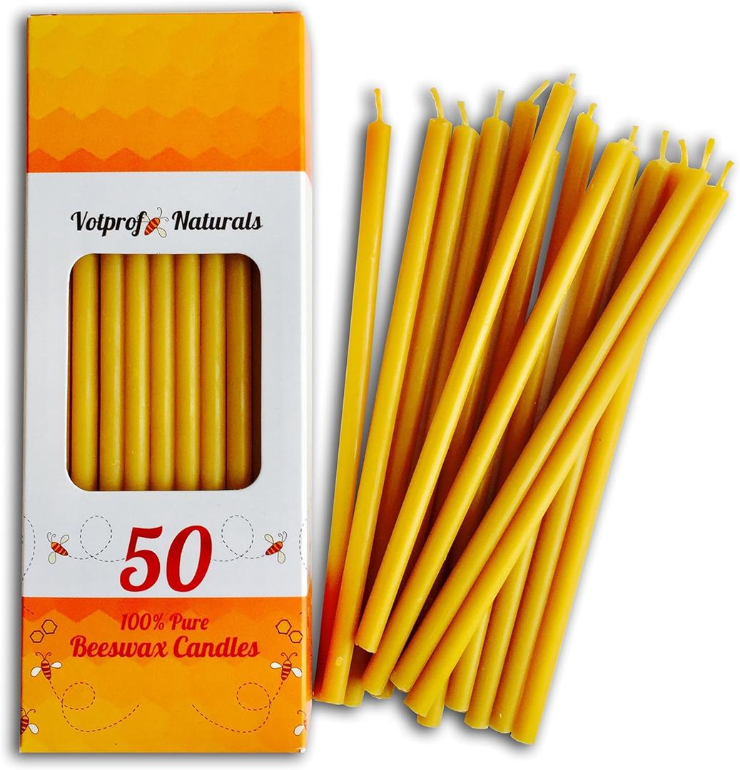 50 All Natural Dcor 100% Pure Beeswax Taper Candles  Tall (6 in), Unscented, Dripless, Smokeless, Slow Burning, Non Toxic, Honey Scent - for Home, Dinner, Cake, Prayer, Church, Hanukkah, Christmas