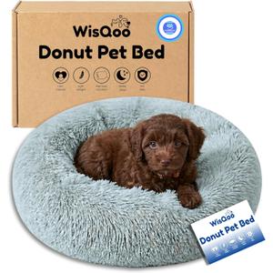 Calming Donut Dog Bed – Faux Fur Anti-Anxiety Pet Bed with Removable Washable Cover & Water-Resistant Liner – Plush Fluffy Round Nest, Non-Slip Bottom for Dogs & Cats – Small, Grey