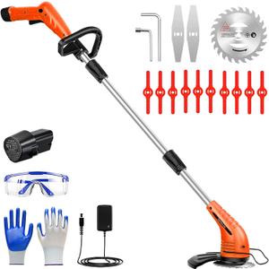 GardenJoy Weed Wacker Battery Operated: 12V Cordless Grass Trimmer with 2.0Ah Battery, Fast Charger and 3 Types Cutting Blade, Portable Electric Lawn Trimmer for Garden Yard Weeding Work (Orange)
