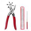 Adorox Heavy Duty Belt Hole Puncher for Leather  6 Size Revolving Leather Hole Punch Tool with Ruler & Deburring File, Perfect for Belts, Straps, DIY Leathercraft, and Repair (Red+Sliver)