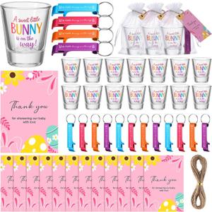50 Set Easter Baby Shower Party Favors for Guests ''A Sweet Little Bunny Is on The Way'' Acrylic Shot Glasses Keychains Bottle Openers Thank You Cards Organza Gift Bags for Baby Shower Guests Souvenir