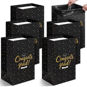 Yungyan 6 Pack Graduation 13 Gallon Disposable Trash Cans Black Gold Checkered Portable Reusable Cardboard Garbage Bins with 15 Trash Bags for Class of 2026 Graduation Party School 21.6" x 13.5" x 10"
