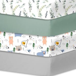 Bimocosy Crib Sheets for Boys Girls, Fitted Crib Sheet 4 Pack for Standard Crib and Toddler Mattresses, Super Soft Breathable Microfiber Baby Sheet 28x52x8in, Leaf/Bear/Gray/Green (Leaves)